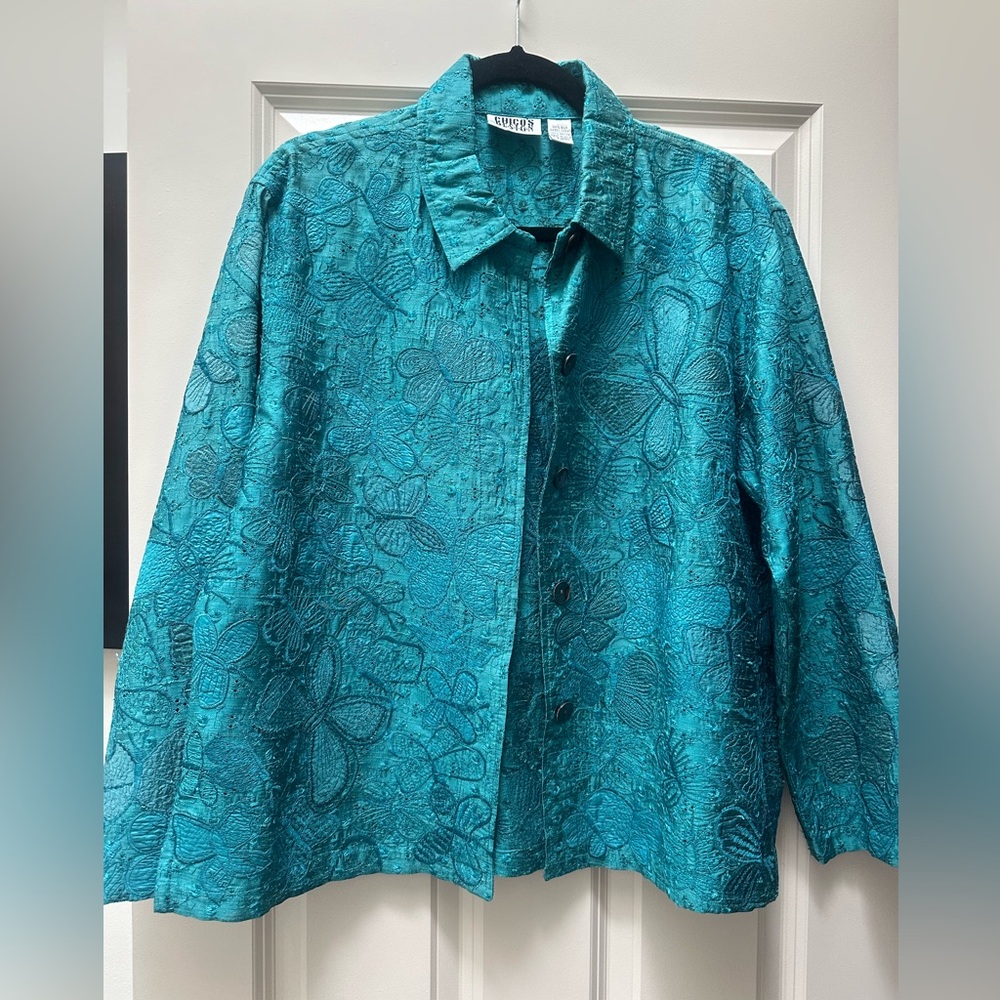 Chico’s Teal Embroidered Silk Top Jacket Size 1 Med Butterflies